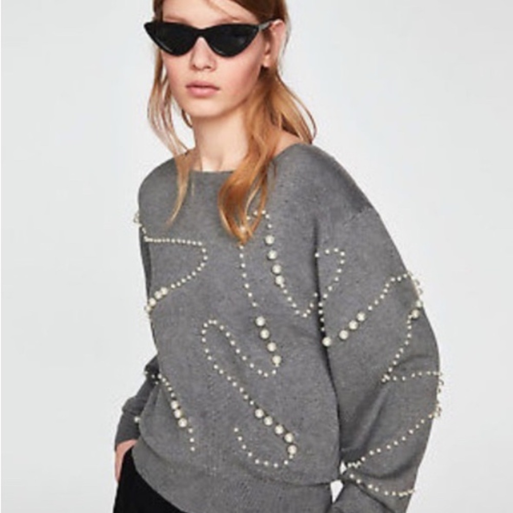 Zara Gray Sweater with Pearl Details